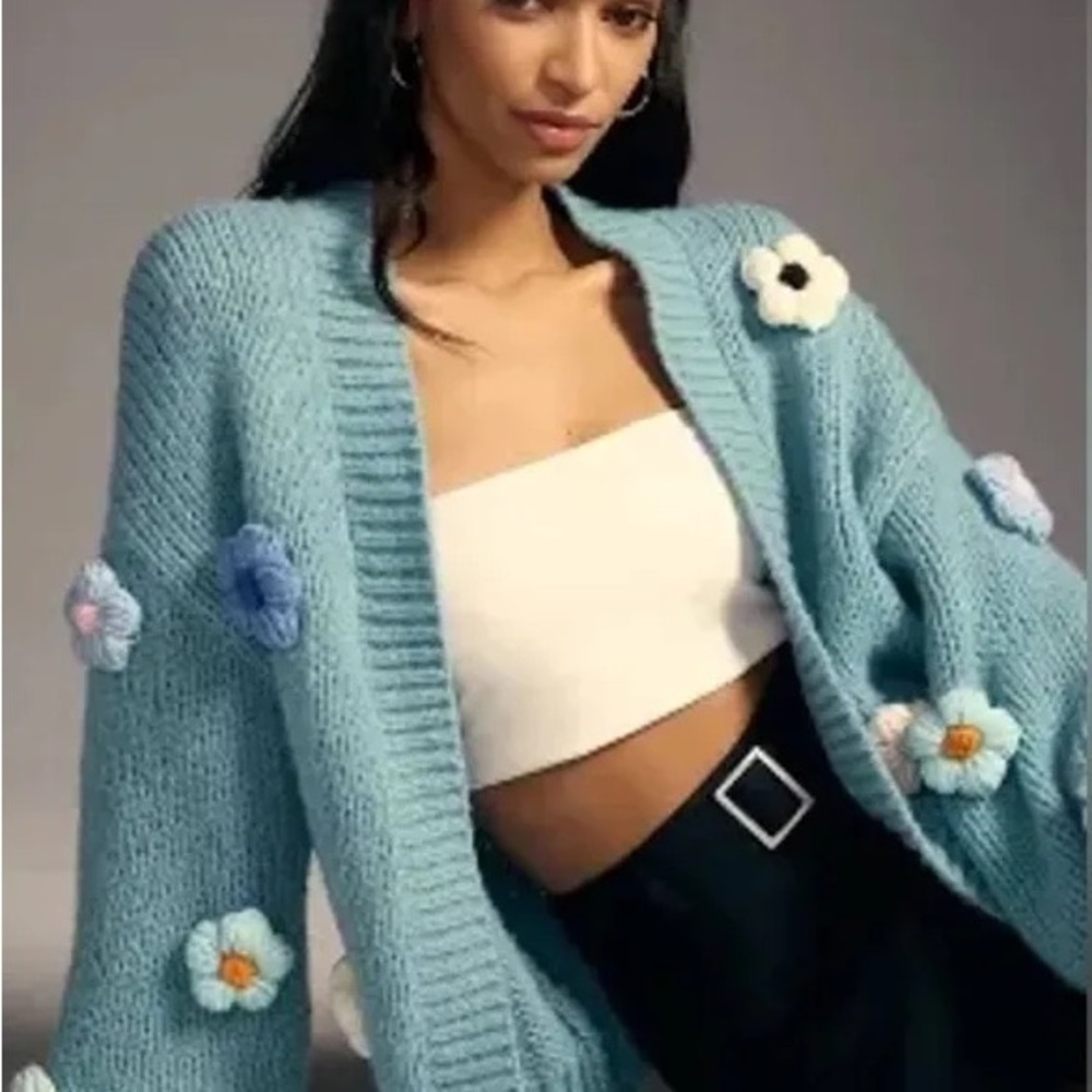 Cozy Blue Knit Sweater with Floral Accents
